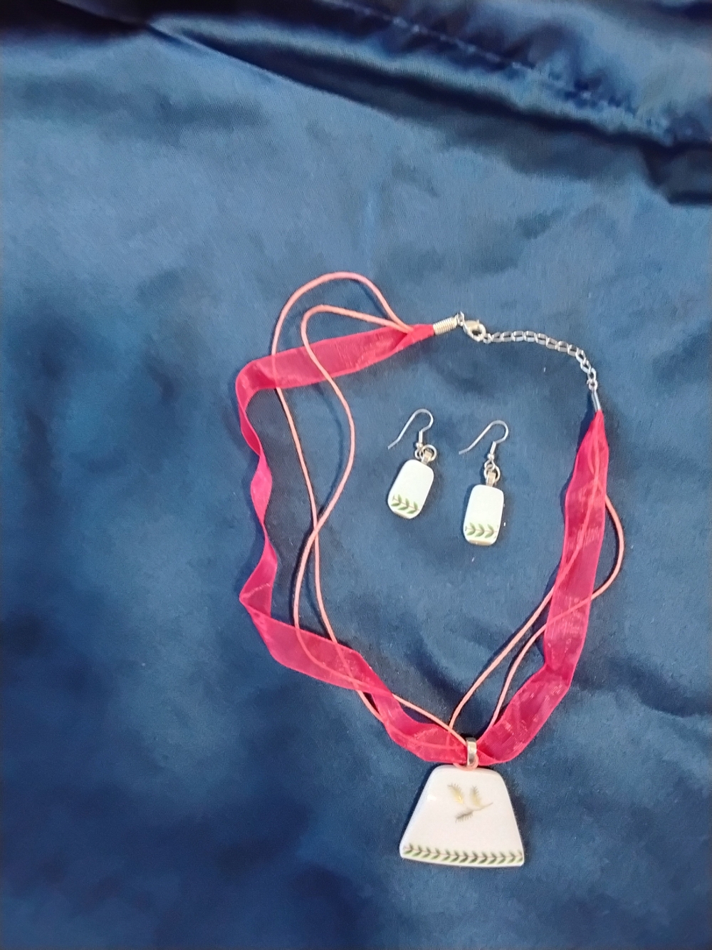 Pink Ribbon Pendant Necklace and Earring Set - Women Jewelry